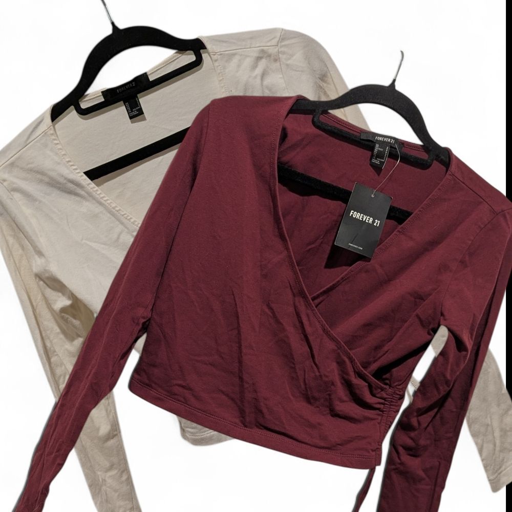 Burgundy and Cream‎ Faux Wrap Crop Tops Cotton And Spandex - Bundle Of 2 Small